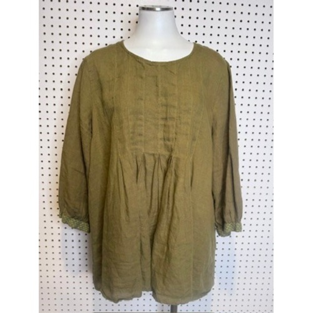 Gudrun Sjoden | Olive Green Linen Pintuck Tunic Top Boho Lagenlook 3/4 Sleeve XL